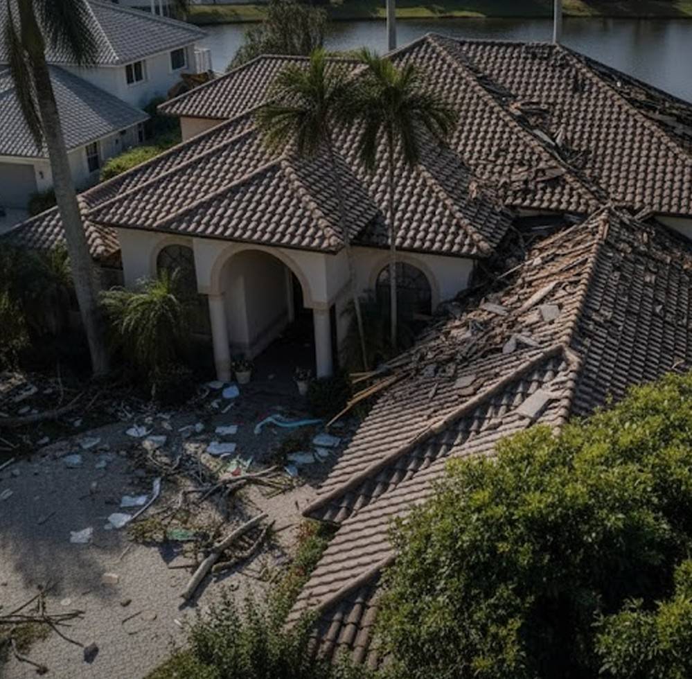 Roof in Florida in need of repair from major storm damage